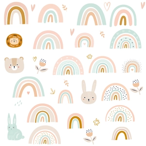Rainbow wall decals with cute cartoon animals in Nordic style for classroom decoration