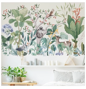 Detailed jungle wall sticker showing monkeys and deer in a Nordic style kids room