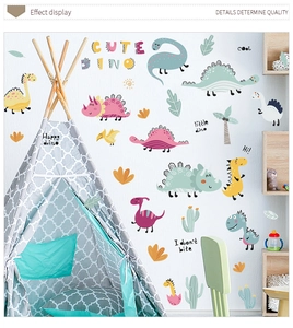 Détails de stickers muraux dinosaures mignons dessinés à la main avec tricératops et cactus