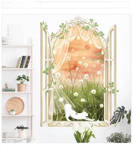 Detail of 3D window wall sticker featuring a white cat and garden view on a white wall