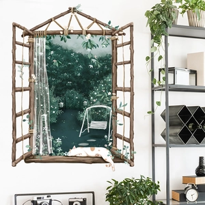3D window wall sticker with sleeping cat and lush garden view for cozy home decor