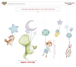Detail view of watercolor animal wall stickers showing dimensions for nursery decor
