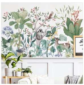 Detailed watercolor forest wall sticker featuring cute monkeys and lush tropical foliage