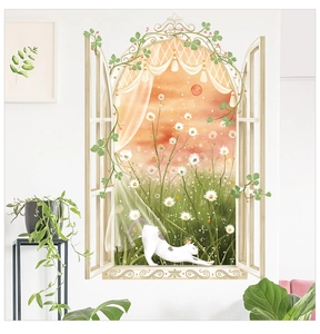 3D faux window wall decal featuring a white cat and sunset field landscape scenery