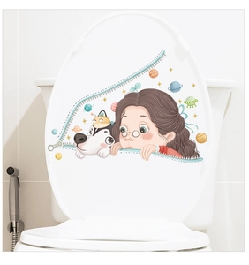Détail de l'autocollant étanche pour toilettes avec fille, chien husky et décor spatial