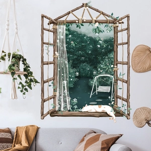 3D cat window wall sticker with forest night view and garden scenery for living room decor