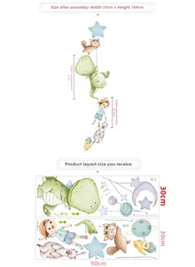 Detail view of cartoon dinosaur and animal wall stickers with layout and dimensions