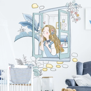 Cartoon wall sticker with blonde girl smelling flowers by window and blue plants