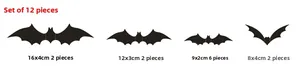 Detailed view of 12-piece 3D black PVC bat wall stickers in four different sizes