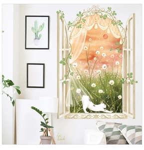 Detail of fake window wall sticker showing a white cat stretching among daisies