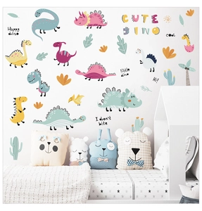 Stickers muraux dinosaures et plantes pour chambre d'enfant dans un décor douillet