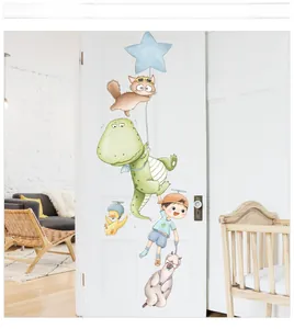 Cartoon wall decals featuring dinosaurs, cats, and alpaca for kids room door decoration