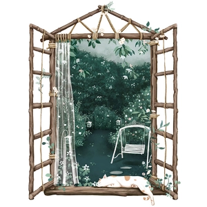 Cat on window wall sticker featuring forest garden view and hanging swing chair decor