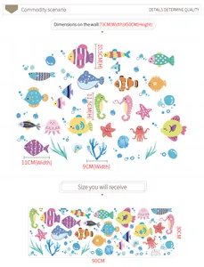Size guide for ocean theme wall decals showing 73x50cm layout and 90x30cm sheet size