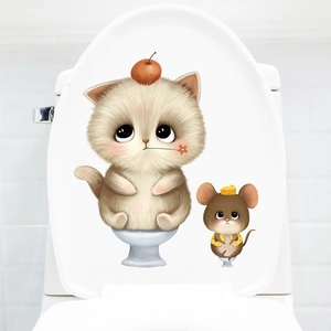 Cute Cartoon Cat And Mouse Toilet Seat Sticker Waterproof PVC Wall Decal For Bathroom Decor Art DIY Creative Home Mural
