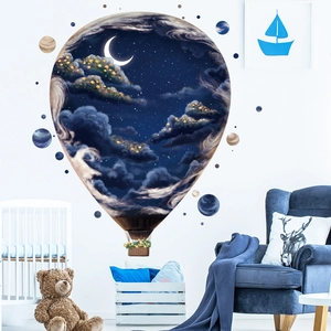 3D hot air balloon wall stickers with starry sky moon and stars for kids room decor