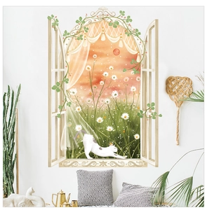 Detailed 3D cat faux window wall sticker with daisies and sunset for home decor