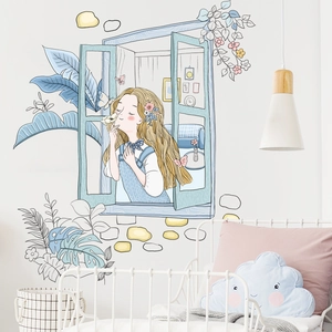 Girl and banana leaf wall decal in pastel colors for girl's bedroom decoration