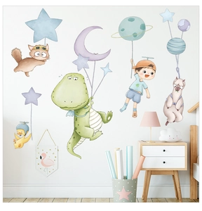 Detail of cute cartoon dinosaur and cat wall stickers in a soft Macaron color nursery