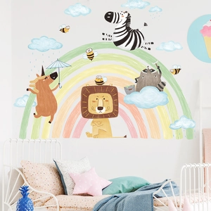 Cartoon animal wall decals with lion, zebra and rainbow for children's bedroom decor