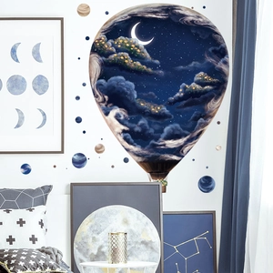 3D Earth Planet and Star wall stickers featuring a large starry hot air balloon for kids room