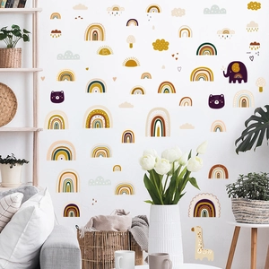 Bohemian rainbow and animal wall decals featuring elephant and giraffe for nursery