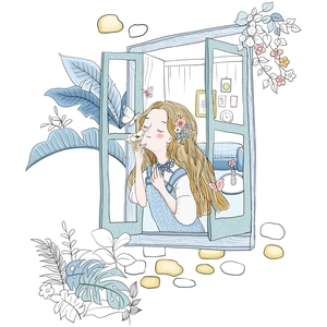 Self-adhesive wall sticker featuring a blonde girl by a blue window with green plants