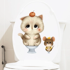 Cute cartoon cat and mouse decal sticker for bathroom toilet lid decoration