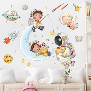 Space theme wall stickers featuring cartoon astronaut stars and moon for nursery room decor