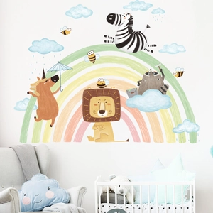 Cartoon animal wall stickers with rainbow, lion, and zebra for kids bedroom decor
