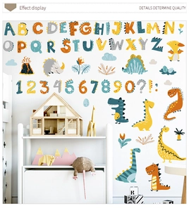 Detail view of colorful dinosaur alphabet and number wall stickers in a nursery room