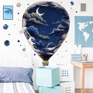 Dreamy 3D hot air balloon wall decal with stars and planets for nursery decor