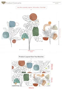 Detailed size guide for Nordic botanical wall stickers featuring monstera and banana leaves