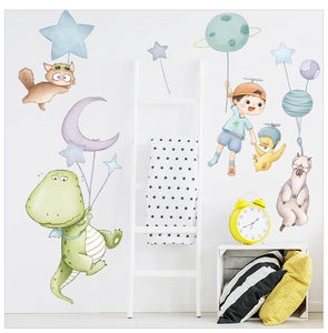 Detailed view of cartoon dinosaur, cat, and alpaca wall decals in a child's bedroom setting
