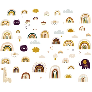 Bohemian cartoon animal wall stickers with rainbows, elephants and giraffes for nursery decor