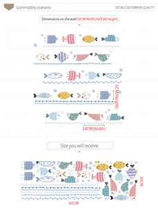 Detailed size specifications for cartoon fish wall stickers set with soft colors and bubbles
