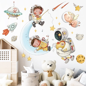 Cartoon astronaut and moon wall stickers set for kids nursery and classroom decoration