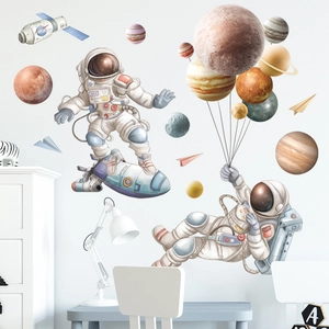 Cartoon Astronauten und Planeten Weltraum Wandaufkleber Set für Kinderzimmer Deko