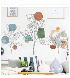 Detail showing Nordic abstract plant line art and colorful geometric wall stickers set