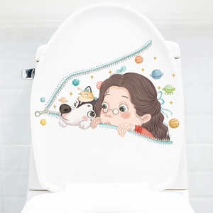Sticker de Toilette Dessin Animé Fille Chien Husky Imperméable PVC Fermeture Éclair Décor Salle de Bain Étoiles Galaxie UFO