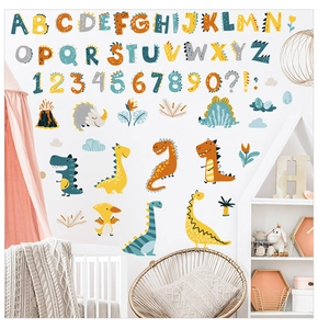 Detail of dinosaur alphabet wall stickers with letters and numbers in warm nursery decor
