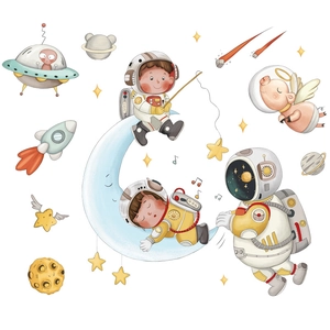 Cute astronaut wall stickers with moon, rocket and stars for kids nursery decoration