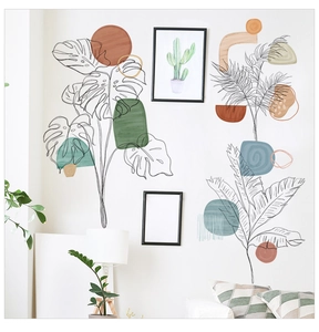 Detail of Nordic abstract plant wall stickers with colorful geometric shapes in a living room