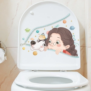 Sticker pour abattant de WC avec fille de dessin animé et chien husky décoratif