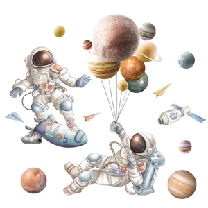 Wandtattoo-Set mit Astronauten und Planeten des Sonnensystems im handgezeichneten Stil