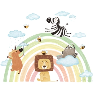 Nordic wall stickers with hand-drawn lion, zebra, and rainbow for kids bedroom decoration