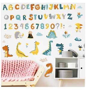 Close-up of colorful dinosaur alphabet and number wall stickers on a nursery white wall
