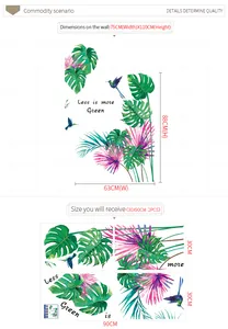 Size guide for monstera leaf wall decals with tropical hummingbird and palm leaf layout