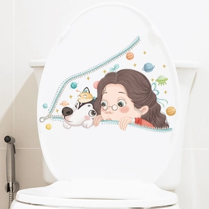 Sticker pour couvercle de toilettes avec fille mignonne, chien husky et motifs de l'espace