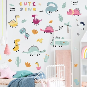 Stickers muraux dinosaures colorés de style dessin animé pour chambre d'enfant garçon